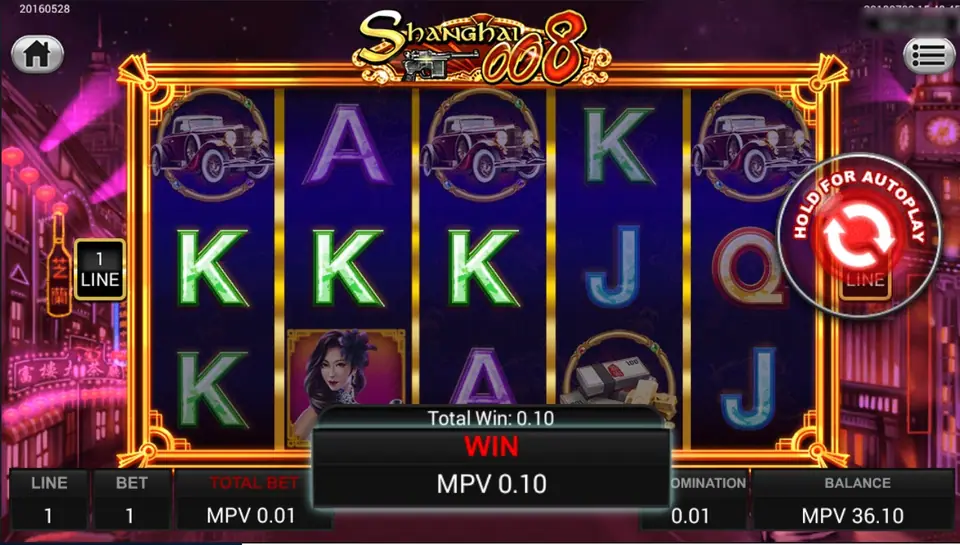 Shanghai 008 on one line at 0.01 with a WIN box of MPV 0.10 over the reels, three green Ks lined up on the middle row