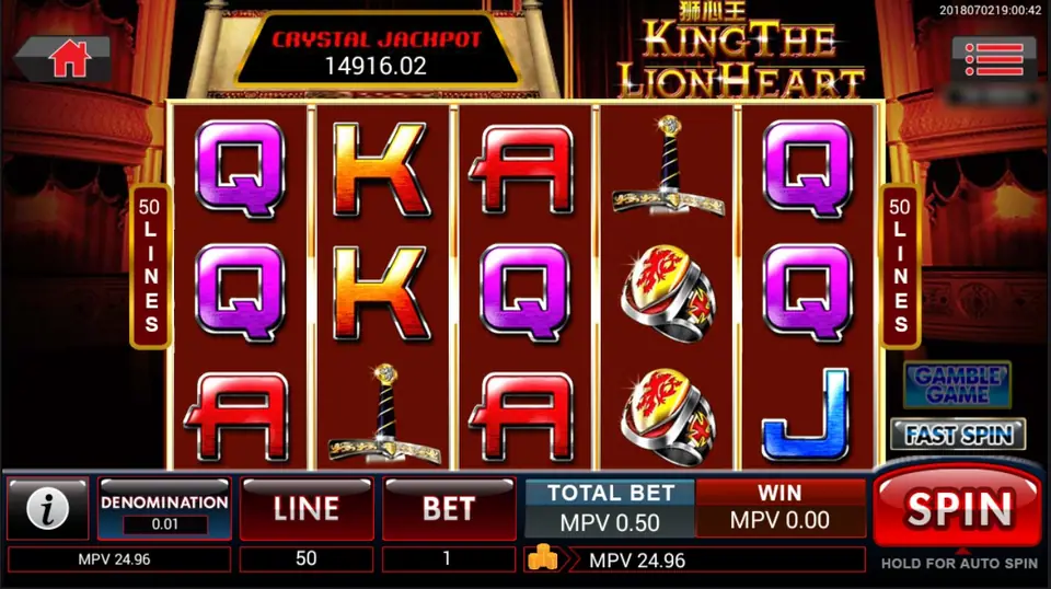 King The Lion Heart reels on dark red: Q, K, A and J letters, swords and lion rings on reel 4, 50 LINES on both sides, CRYSTAL JACKPOT 14916.02 above and TOTAL BET MPV 0.50