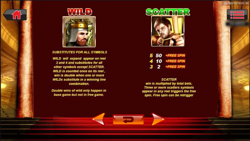 Help page: the crowned king WILD expands on reels 2 and 4 and doubles wins in the base game; the archer SCATTER pays 50, 10 and 2 plus free spins, and free spins can retrigger