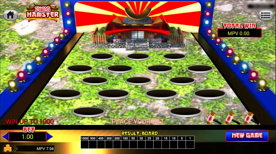 Shinobi Hamster board before a round: sixteen empty holes on a grass field between two light-studded rails, a castle gate under a red and yellow rising-sun backdrop, three mallets bottom right, PLACE YOUR BET, BET 1.00 and a RESULT BOARD from 1000 down to 1