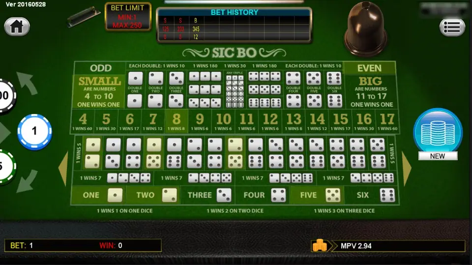 The same table after a roll: SMALL, total 8, the pairs containing 1, 2 and 5 and the singles ONE, TWO and FIVE lit up, BET HISTORY showing S, S and B with 345 and 12 in the third column, BET 1 and a NEW chip-stack button on the right