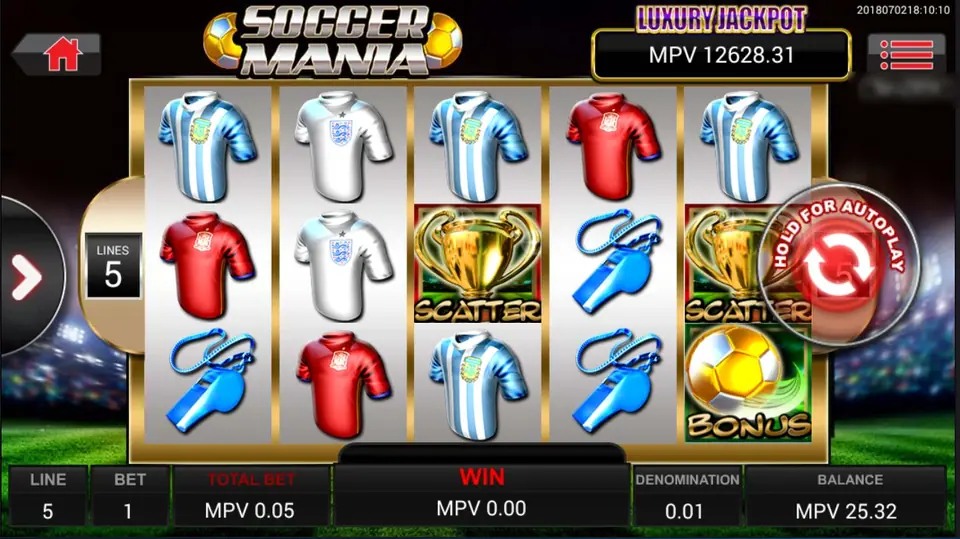 Soccer Mania reels: sky-blue striped, white and red football shirts, blue whistles, two gold trophy SCATTER symbols and a golden ball BONUS on reel 5, LUXURY JACKPOT MPV 12628.31, LINES 5, TOTAL BET MPV 0.05