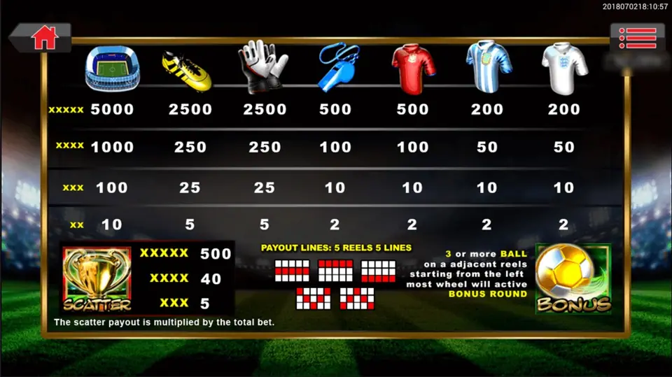 Soccer Mania paytable: stadium 5000, 1000, 100 and 10; boot and gloves 2500; whistle and red shirt 500; striped and white shirts 200; trophy SCATTER 500, 40 and 5; five payline diagrams; and the golden ball BONUS rule