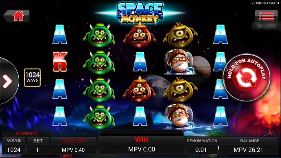 Space Monkey reels in space: green horned aliens, a yellow one-eyed alien and a monkey astronaut in a glass helmet among blue A and red K letters, 1024 WAYS on the left, a red planet glowing on the right, TOTAL BET MPV 0.40