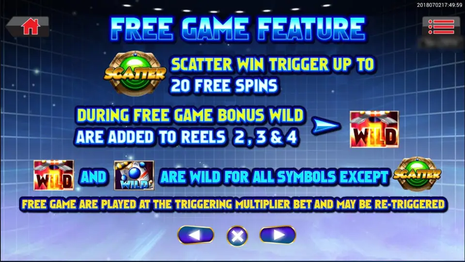 FREE GAME FEATURE help page: the scatter triggers up to 20 free spins, a red BONUS WILD is added to reels 2, 3 and 4 during free games, both wilds substitute for everything except the scatter, and free games can be re-triggered