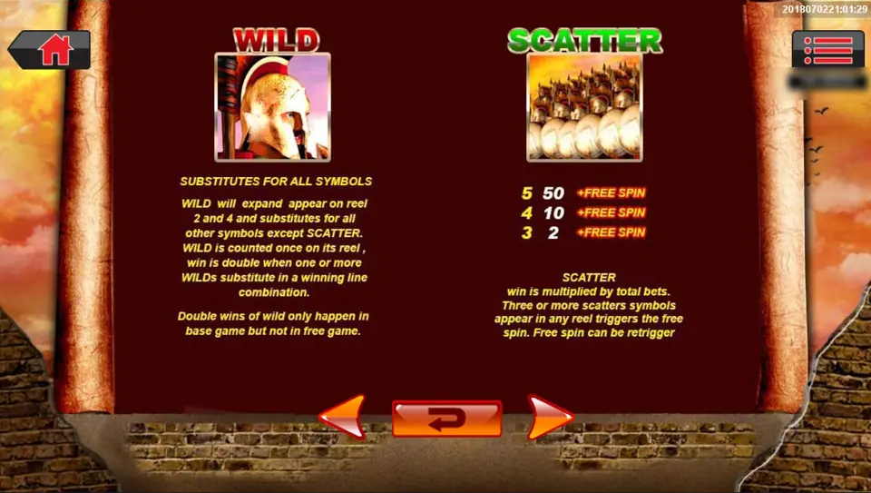 WILD and SCATTER help page: a crested Spartan helmet as the WILD, expanding on reels 2 and 4 and doubling base-game wins, and a line of shield-bearing soldiers as the SCATTER paying 50, 10 and 2 plus free spins