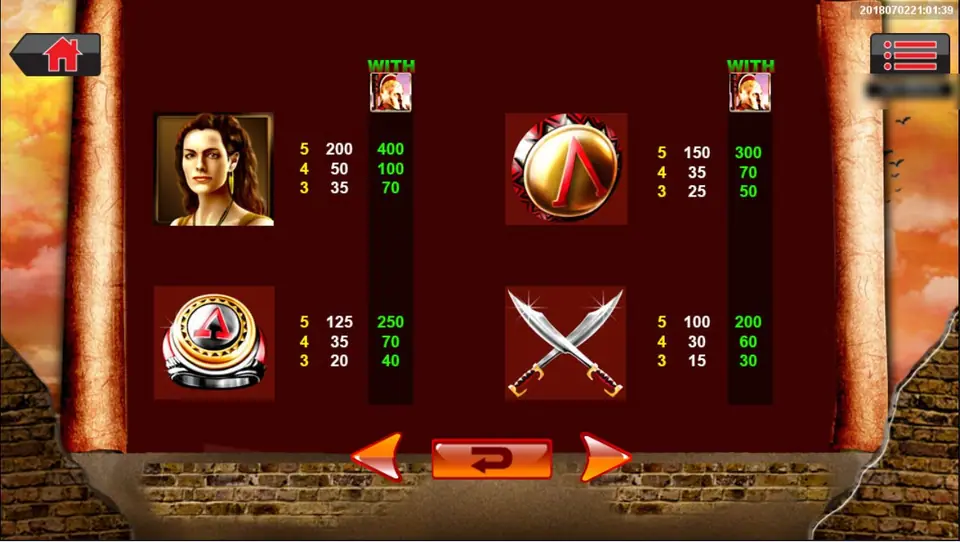 Spartan paytable with a WITH-wild column: the woman 200, 50 and 35 (400, 100, 70 with a wild), the Λ shield 150, 35 and 25, the ring 125, 35 and 20, and crossed swords 100, 30 and 15
