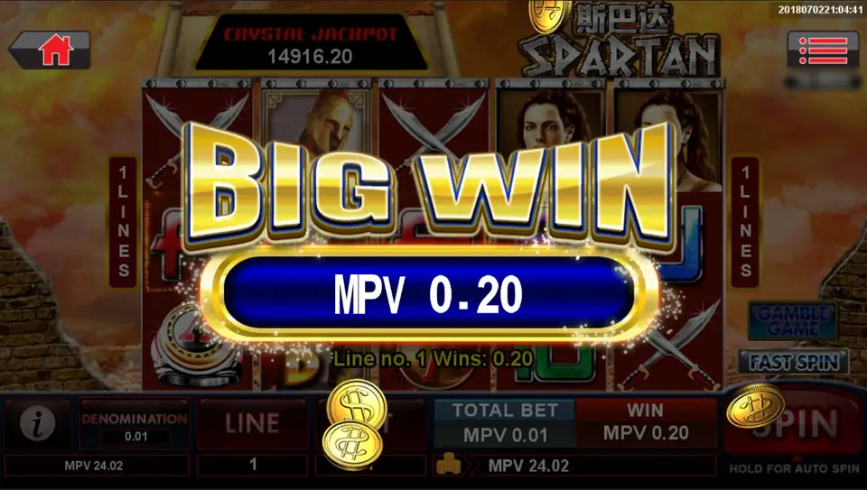 BIG WIN MPV 0.20 over the reels with 'Line no. 1 Wins: 0.20', 1 LINES on both sides, TOTAL BET MPV 0.01