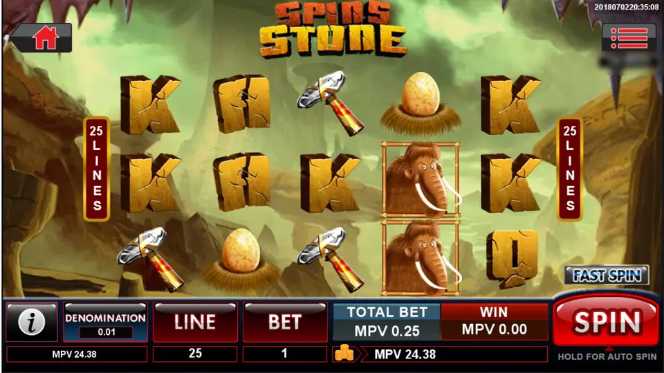 Spins Stone reels in a green prehistoric canyon: cracked stone K, A and Q letters, stone hammers, eggs in nests and two woolly mammoths stacked on reel 4, 25 LINES on both sides, DENOMINATION 0.01, TOTAL BET MPV 0.25