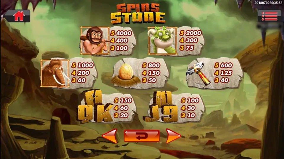 Spins Stone paytable on stone tablets: caveman 4000, 400 and 100; green dinosaur 2000, 300 and 75; mammoth 1000, 200 and 60; egg 800, 150 and 50; stone hammer 600, 125 and 40; A, K, Q 150, 60 and 20; 10, J, 9 100, 30 and 10