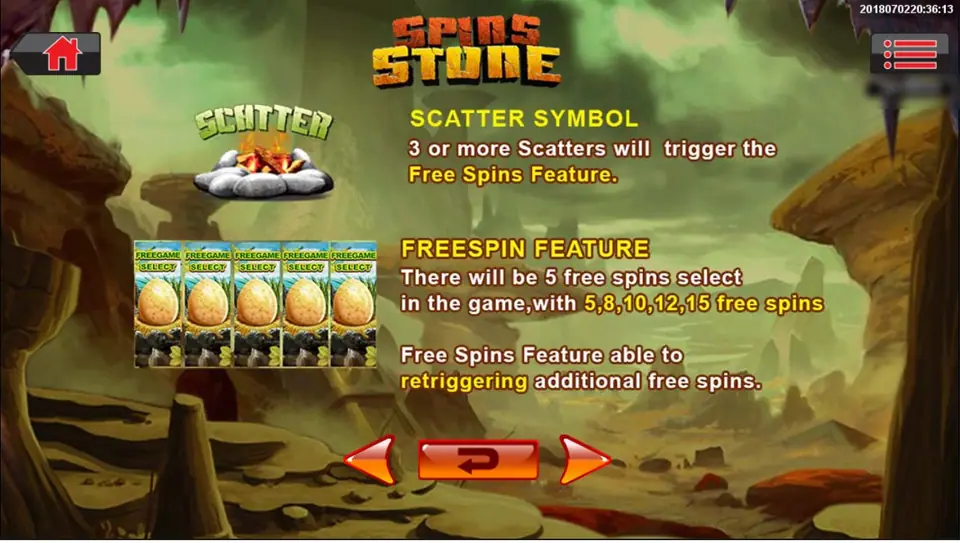 Scatter and free-spin help page: a campfire in a ring of stones as the SCATTER, three or more trigger the feature, five FREEGAME SELECT eggs with 5, 8, 10, 12 and 15 free spins, and retriggering allowed