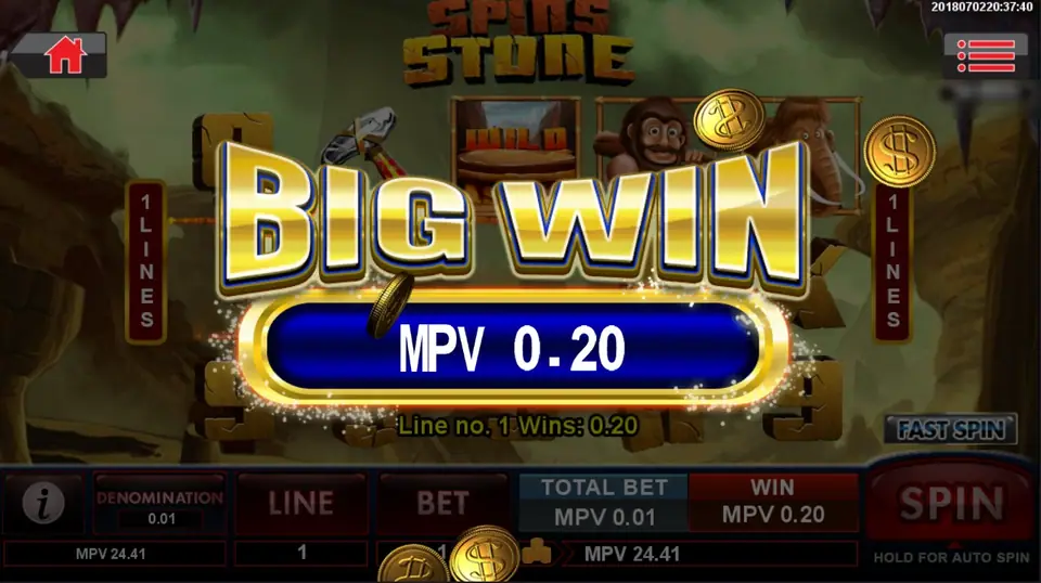 BIG WIN banner showing MPV 0.20 with gold coins, 'Line no. 1 Wins: 0.20', 1 LINES on both sides, TOTAL BET MPV 0.01