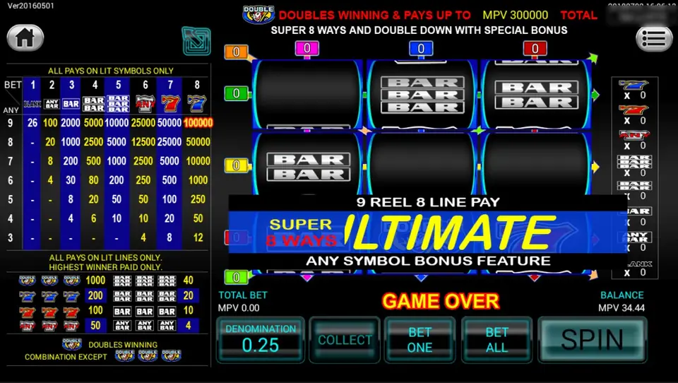 Super 8 Ways Ultimate at GAME OVER with the SUPER 8 WAYS ULTIMATE banner, 9 REEL 8 LINE PAY and ANY SYMBOL BONUS FEATURE across the reels