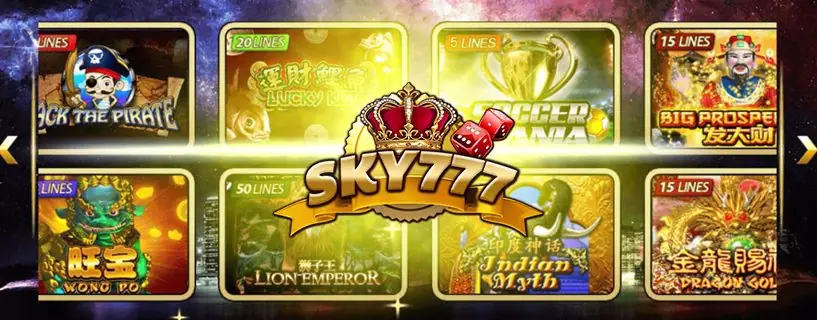 SKY777 logo with a gold crown and two red dice over a banner, in front of game tiles for Jack the Pirate, Lucky Koi, Soccer Mania, Big Prosperity, Wong Po, Lion Emperor, Indian Myth and Dragon Gold