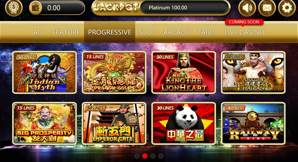 The SKY777 lobby: JACKPOT bar with Platinum 100.00, a balance of 0.00, tabs for ALL, FEATURE, PROGRESSIVE, SLOT, ARCADE, TABLE and LIVE CASINO (COMING SOON), and game tiles including King The Lion Heart, Great China and Railway King